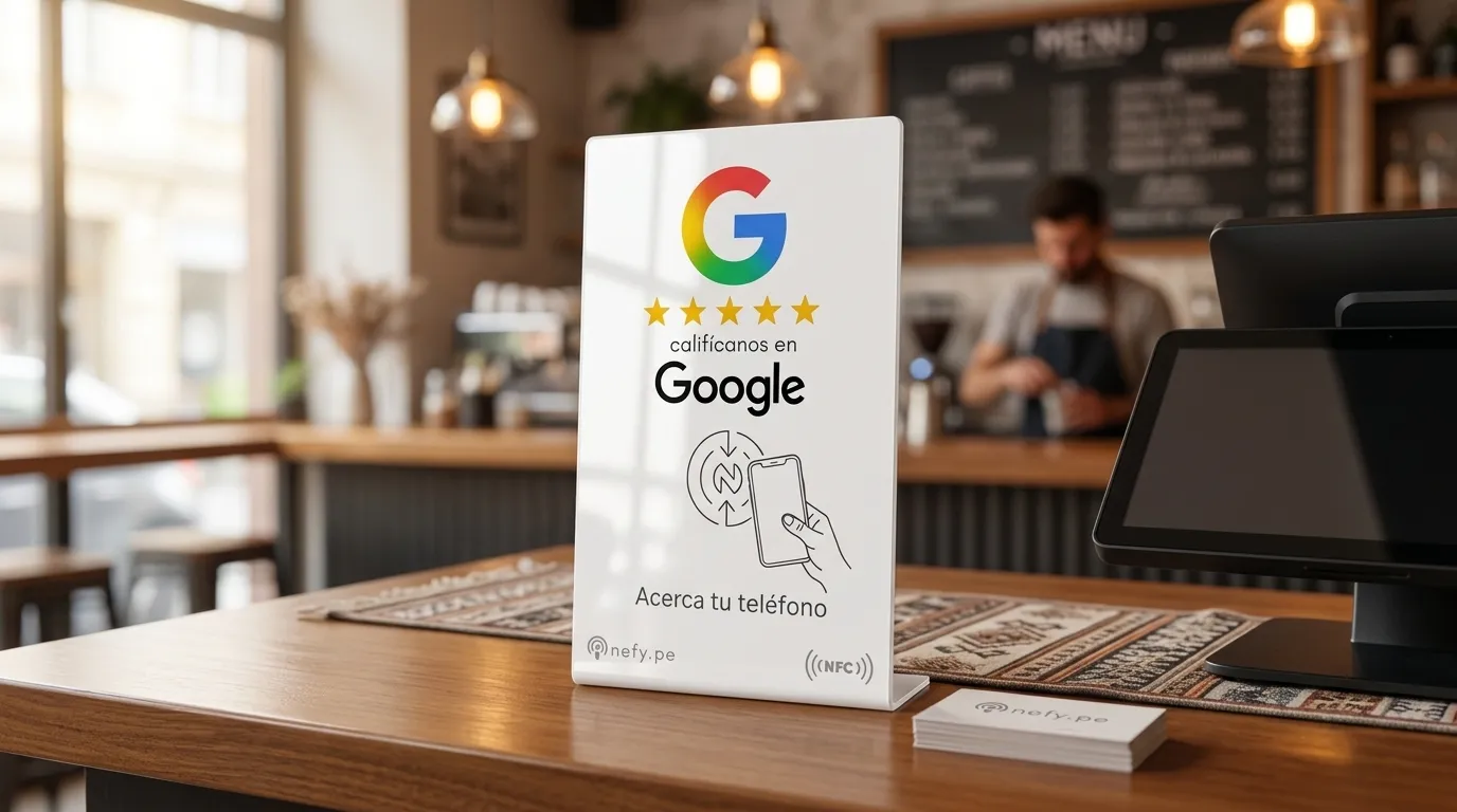 Stand NEFY sobre el mostrador de una cafetería, listo para que un cliente lo escanee